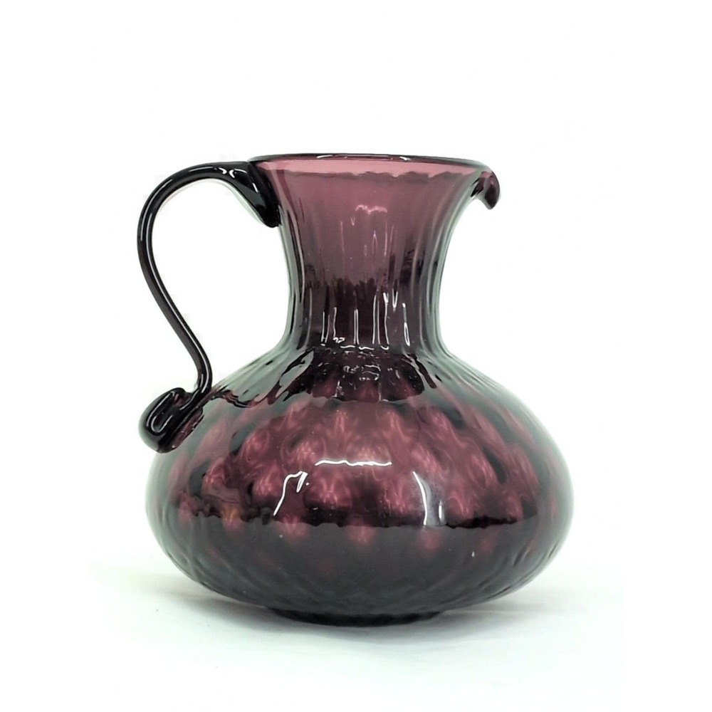 Antique Amethyst Purple Glass Handblown Optic Dot Pitcher With Applied Handle